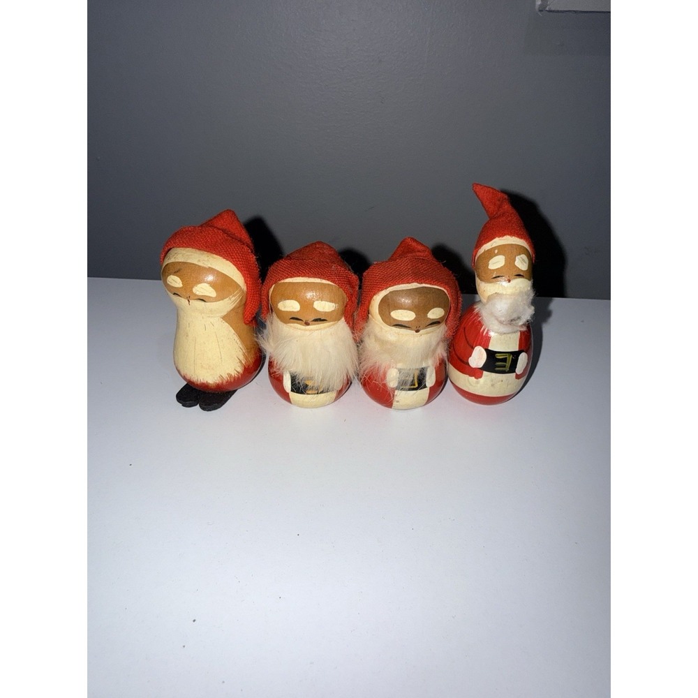 4 Vintage Mini 3" Wooden Japanese SANTA CLAUS‎ Hand Painted Christmas Figurine C